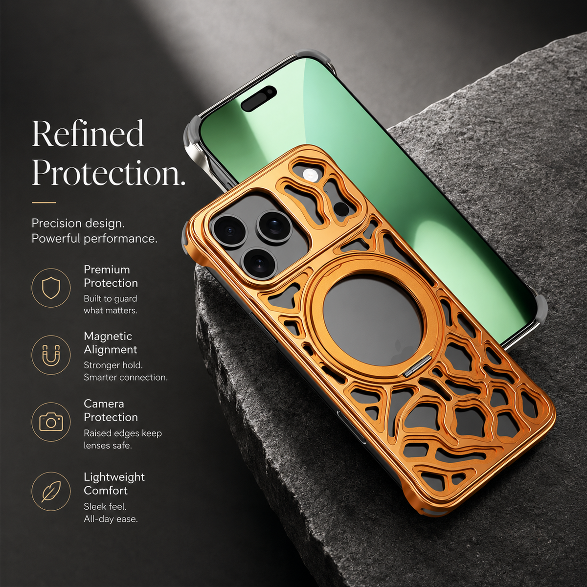 Premium iPhone Case Magnetic Aluminum Maze Pattern Ring Kickstand Shockproof Metal Protective Cover Geometric Non Slip Tough Slim Reinforced Bumper Case