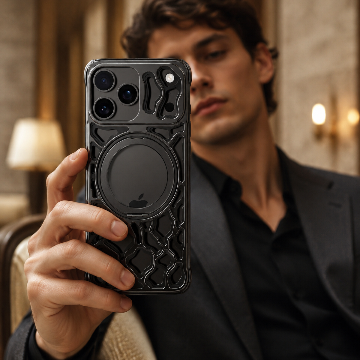 Premium iPhone Case Magnetic Aluminum Maze Pattern Ring Kickstand Shockproof Metal Protective Cover Geometric Non Slip Tough Slim Reinforced Bumper Case