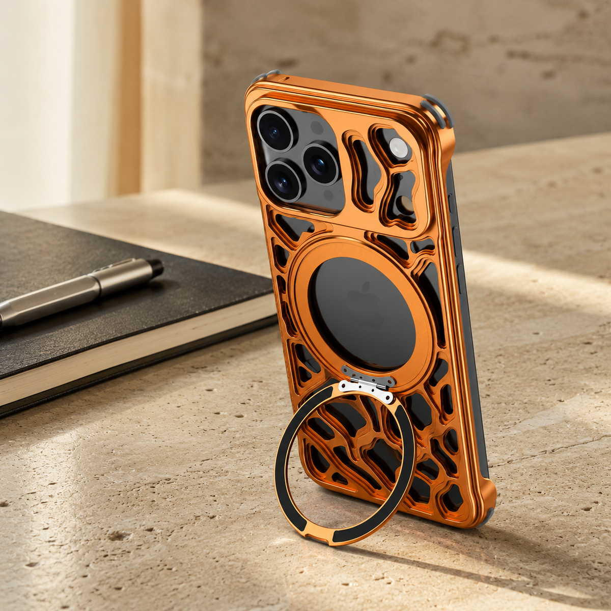 Premium iPhone Case Magnetic Aluminum Maze Pattern Ring Kickstand Shockproof Metal Protective Cover Geometric Non Slip Tough Slim Reinforced Bumper Case