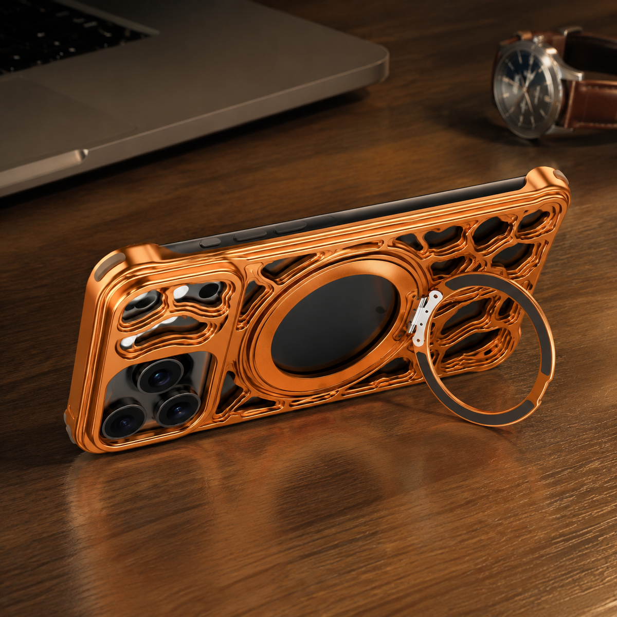 Premium iPhone Case Magnetic Aluminum Maze Pattern Ring Kickstand Shockproof Metal Protective Cover Geometric Non Slip Tough Slim Reinforced Bumper Case