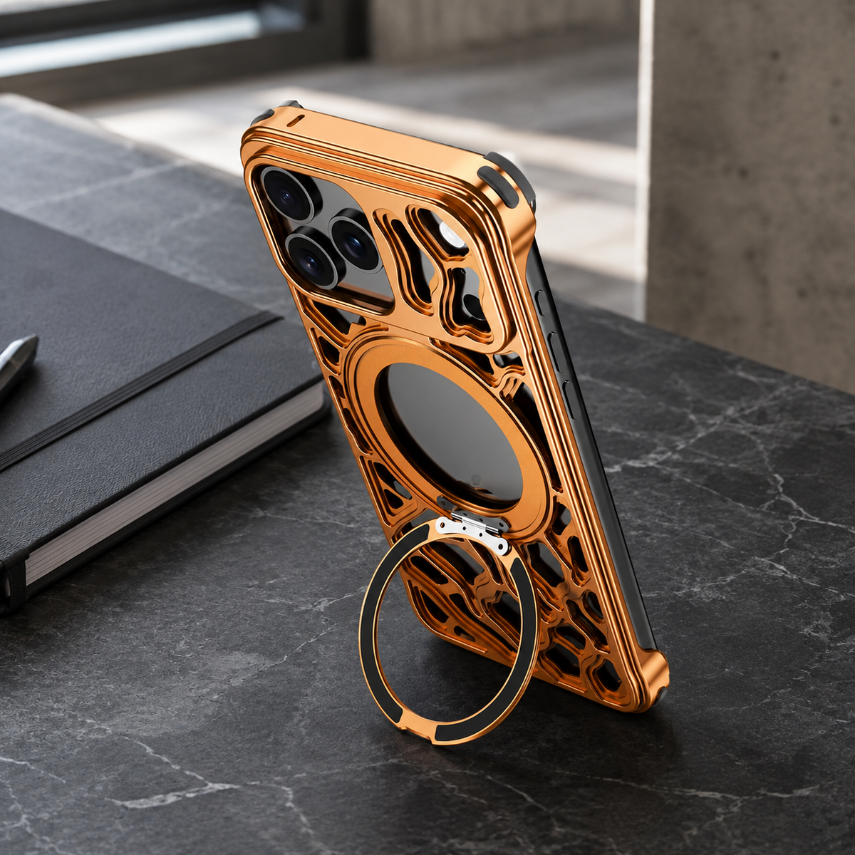 Premium iPhone Case Magnetic Aluminum Maze Pattern Ring Kickstand Shockproof Metal Protective Cover Geometric Non Slip Tough Slim Reinforced Bumper Case