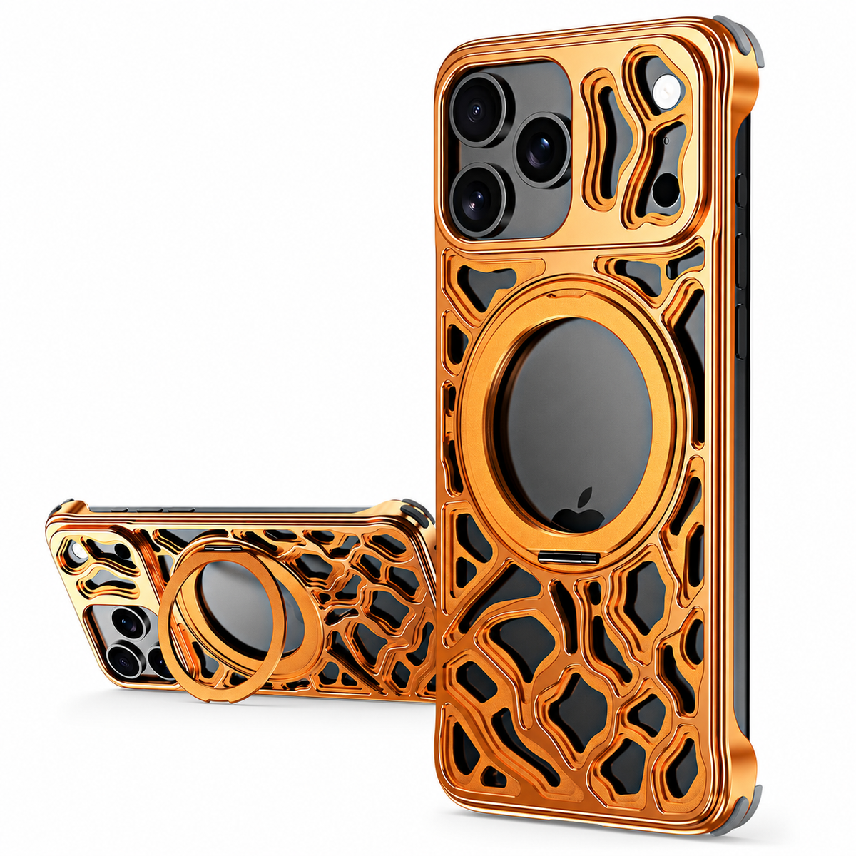 Premium iPhone Case Magnetic Aluminum Maze Pattern Ring Kickstand Shockproof Metal Protective Cover Geometric Non Slip Tough Slim Reinforced Bumper Case