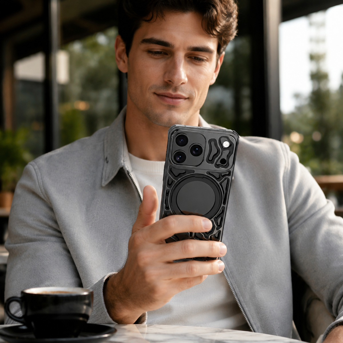 Premium iPhone Case Magnetic Aluminum Maze Pattern Ring Kickstand Shockproof Metal Protective Cover Geometric Non Slip Tough Slim Reinforced Bumper Case