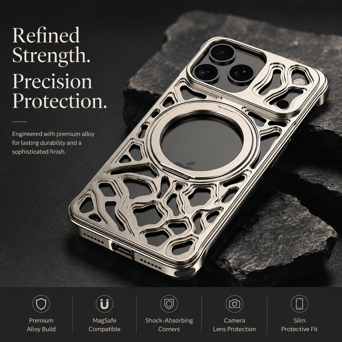 Premium iPhone Case Magnetic Aluminum Maze Pattern Ring Kickstand Shockproof Metal Protective Cover Geometric Non Slip Tough Slim Reinforced Bumper Case