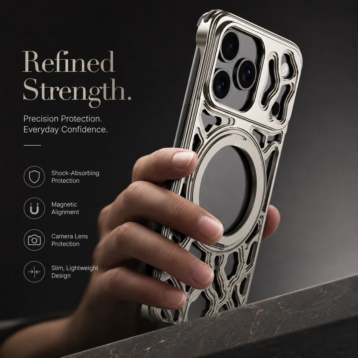 Premium iPhone Case Magnetic Aluminum Maze Pattern Ring Kickstand Shockproof Metal Protective Cover Geometric Non Slip Tough Slim Reinforced Bumper Case