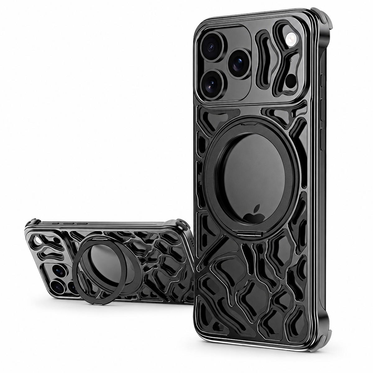 Premium iPhone Case Magnetic Aluminum Maze Pattern Ring Kickstand Shockproof Metal Protective Cover Geometric Non Slip Tough Slim Reinforced Bumper Case