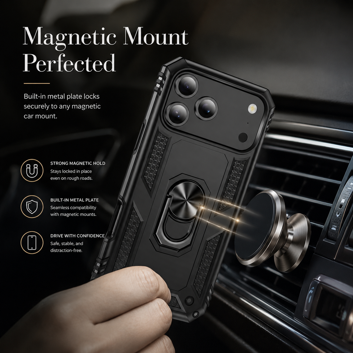 Premium iPhone Case Magnetic Armor Shockproof PC TPU Metal Ring Holder Dual Layer Anti Scratch Matte Non Slip Heavy Duty Protective Bumper Cover
