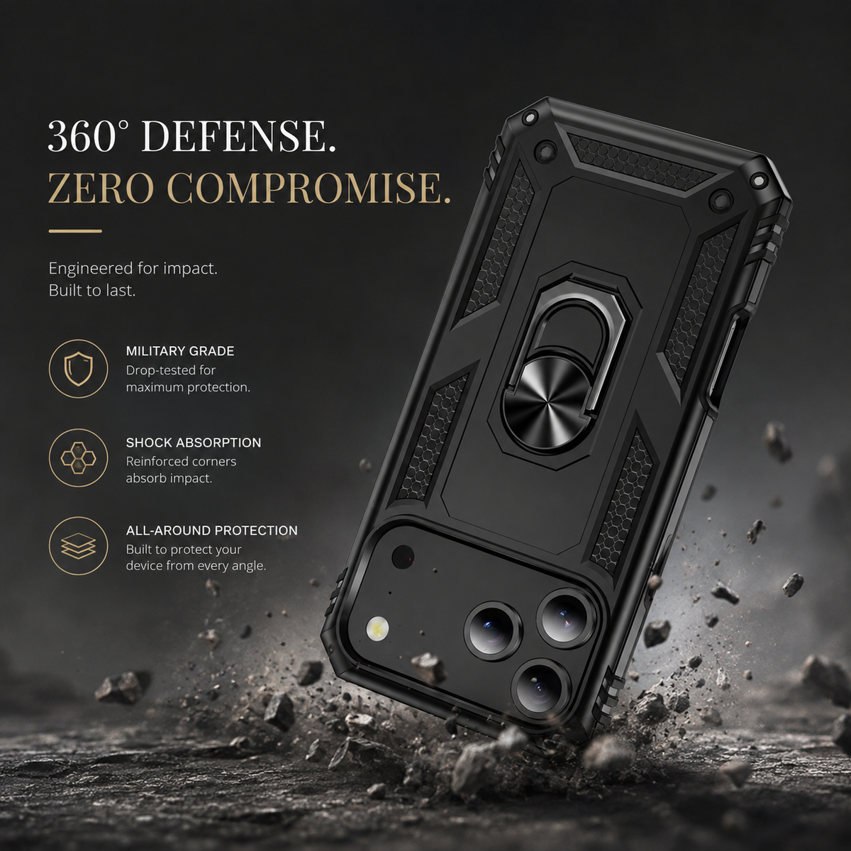 Premium iPhone Case Magnetic Armor Shockproof PC TPU Metal Ring Holder Dual Layer Anti Scratch Matte Non Slip Heavy Duty Protective Bumper Cover