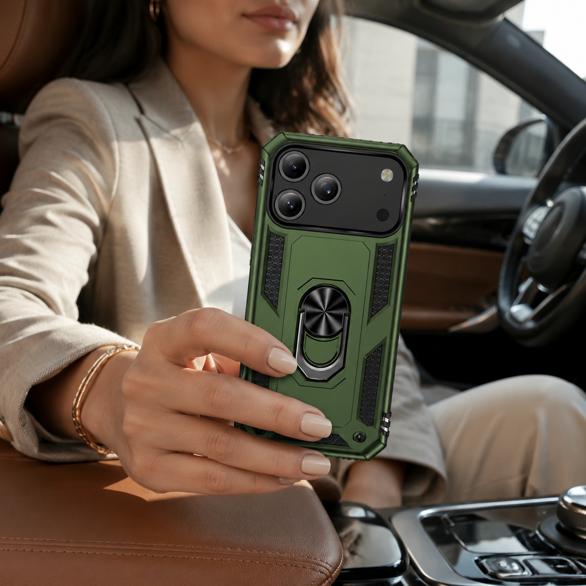 Premium iPhone Case Magnetic Armor Shockproof PC TPU Metal Ring Holder Dual Layer Anti Scratch Matte Non Slip Heavy Duty Protective Bumper Cover