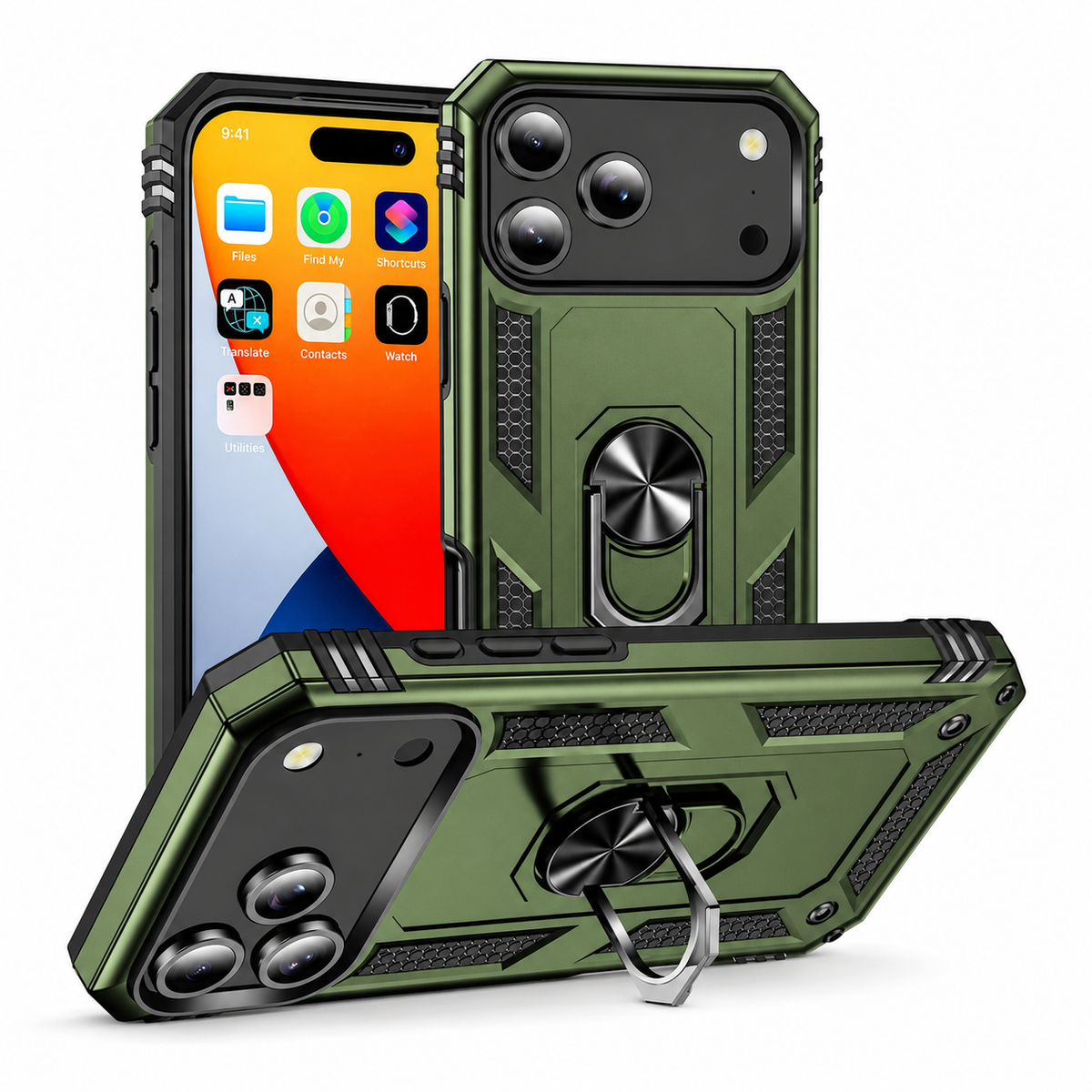 Premium iPhone Case Magnetic Armor Shockproof PC TPU Metal Ring Holder Dual Layer Anti Scratch Matte Non Slip Heavy Duty Protective Bumper Cover