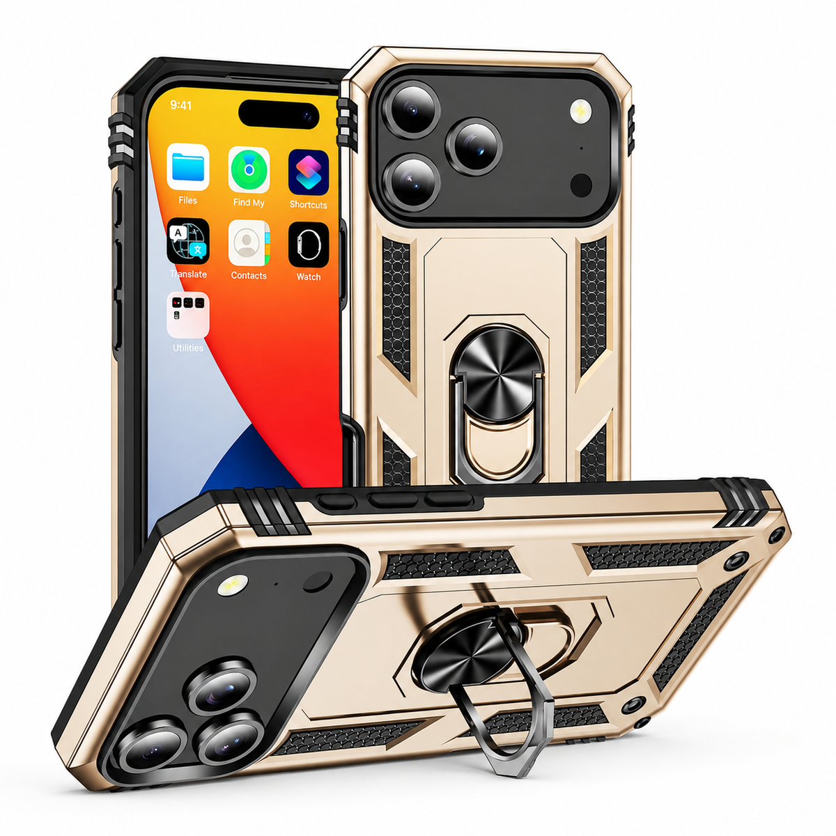 Premium iPhone Case Magnetic Armor Shockproof PC TPU Metal Ring Holder Dual Layer Anti Scratch Matte Non Slip Heavy Duty Protective Bumper Cover