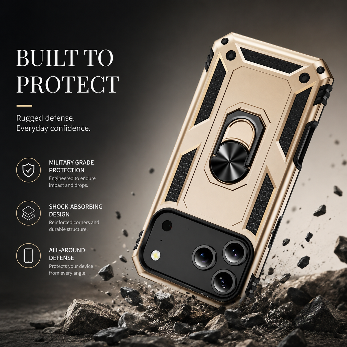 Premium iPhone Case Magnetic Armor Shockproof PC TPU Metal Ring Holder Dual Layer Anti Scratch Matte Non Slip Heavy Duty Protective Bumper Cover