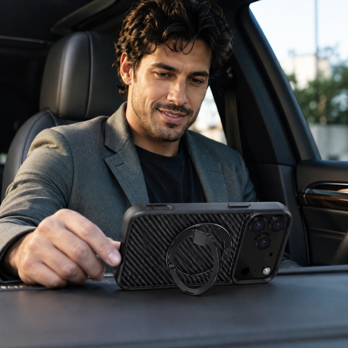 Premium iPhone Case Magnetic Carbon Fiber Faux Leather 360 Rotating Ring Stand Shockproof PC TPU Anti Scratch Non Slip Dual Layer Protective Cover
