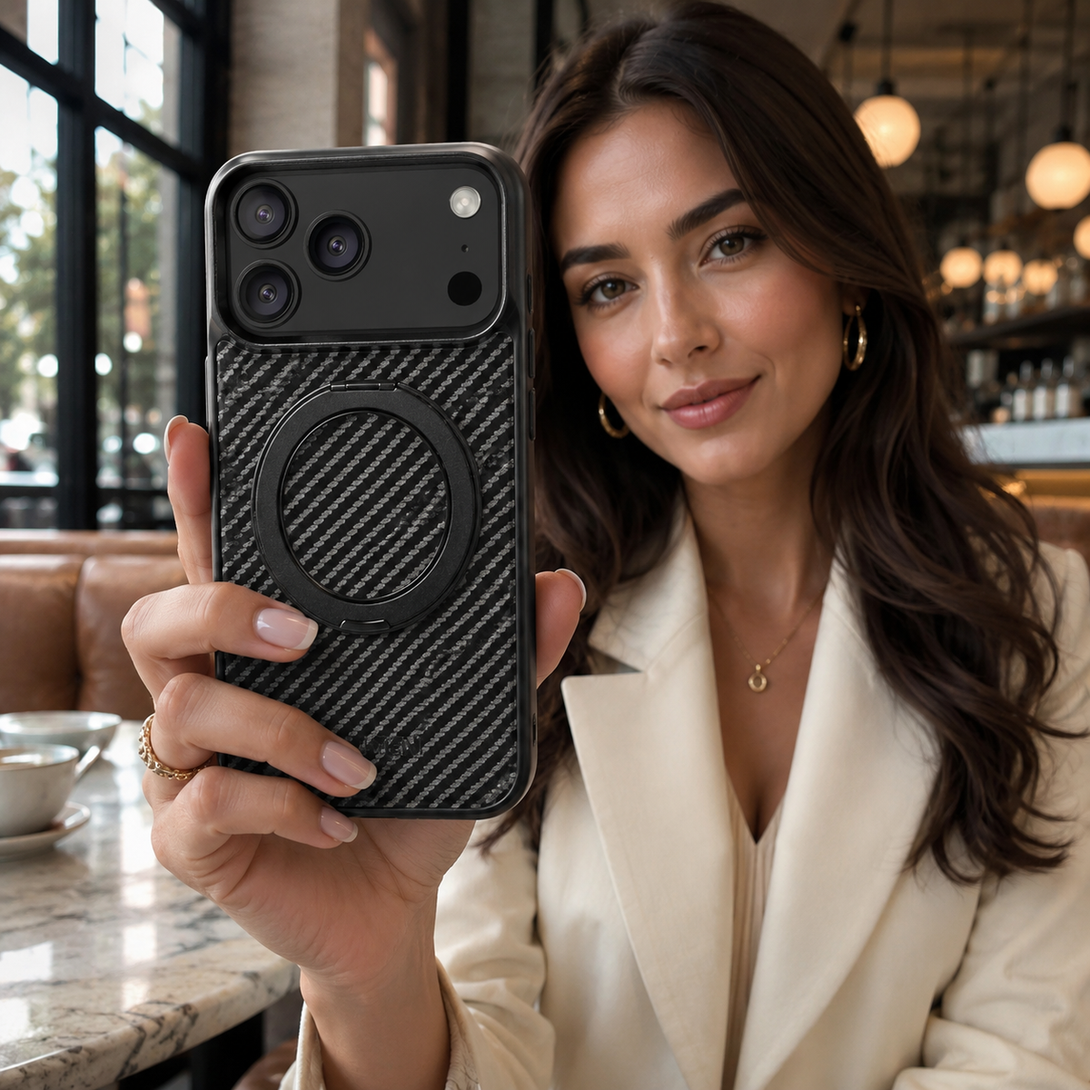 Premium iPhone Case Magnetic Carbon Fiber Faux Leather 360 Rotating Ring Stand Shockproof PC TPU Anti Scratch Non Slip Dual Layer Protective Cover