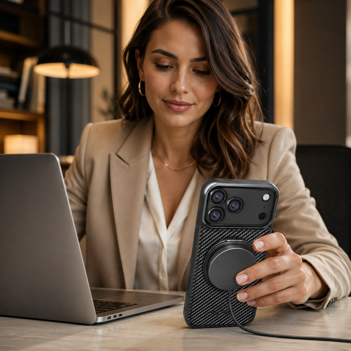 Premium iPhone Case Magnetic Carbon Fiber Faux Leather 360 Rotating Ring Stand Shockproof PC TPU Anti Scratch Non Slip Dual Layer Protective Cover