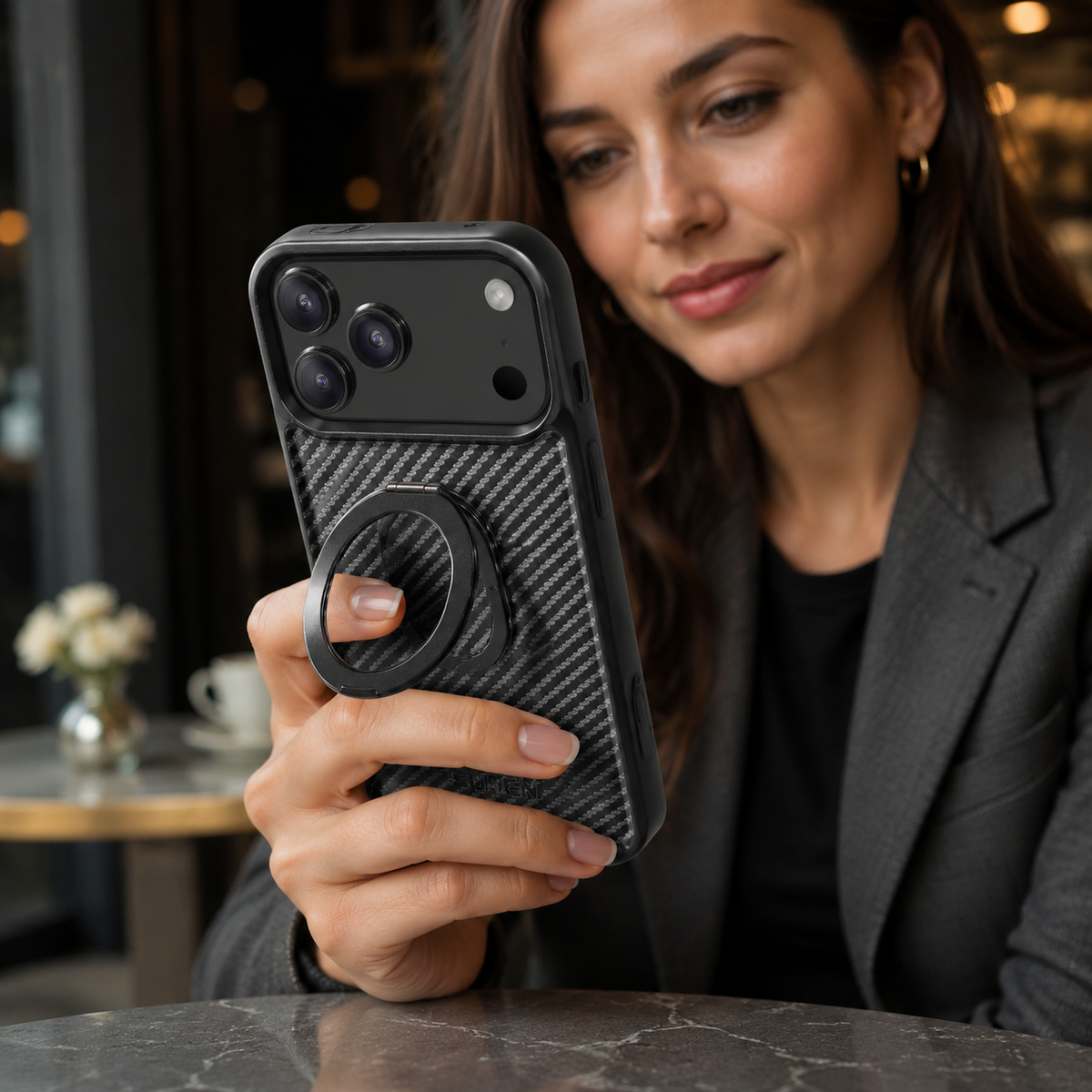 Premium iPhone Case Magnetic Carbon Fiber Faux Leather 360 Rotating Ring Stand Shockproof PC TPU Anti Scratch Non Slip Dual Layer Protective Cover