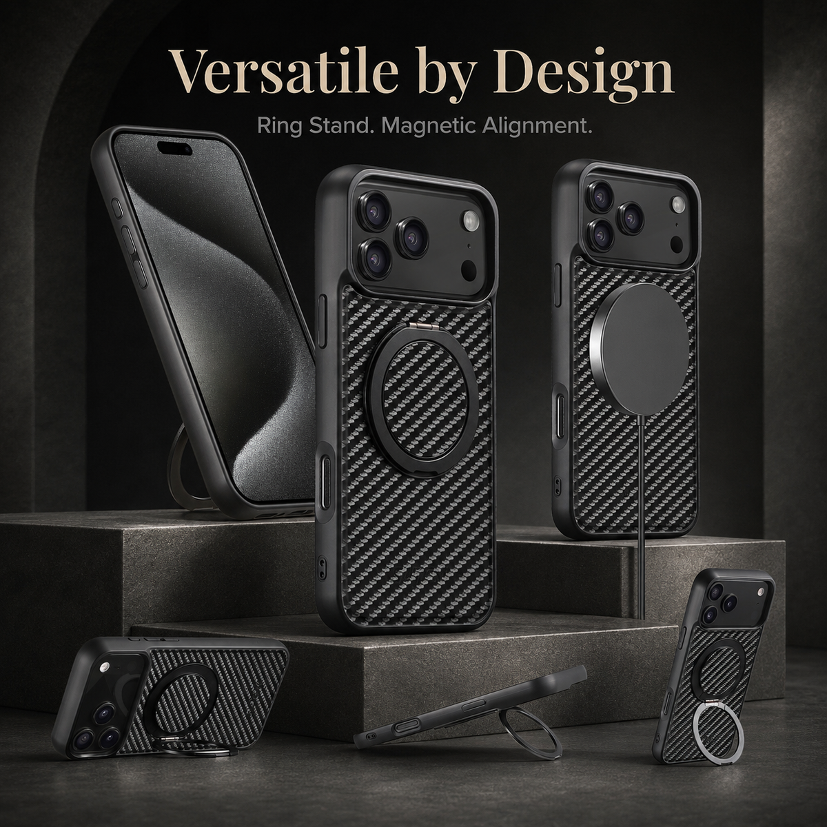 Premium iPhone Case Magnetic Carbon Fiber Faux Leather 360 Rotating Ring Stand Shockproof PC TPU Anti Scratch Non Slip Dual Layer Protective Cover