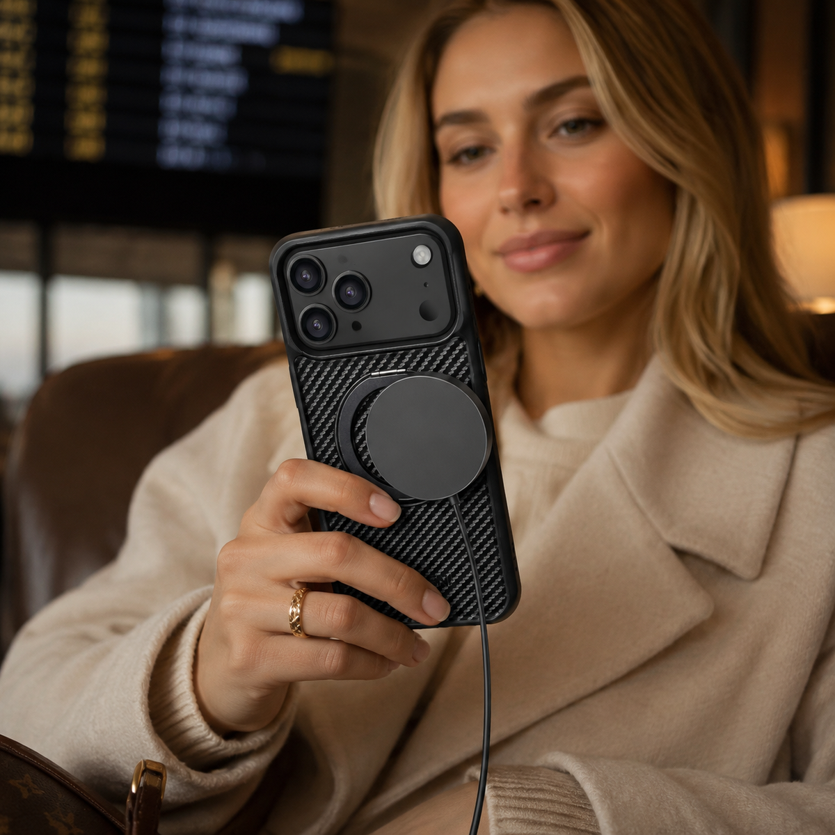 Premium iPhone Case Magnetic Carbon Fiber Faux Leather 360 Rotating Ring Stand Shockproof PC TPU Anti Scratch Non Slip Dual Layer Protective Cover
