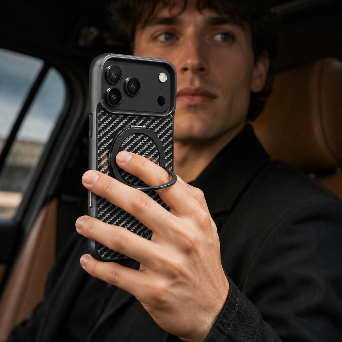 Premium iPhone Case Magnetic Carbon Fiber Faux Leather 360 Rotating Ring Stand Shockproof PC TPU Anti Scratch Non Slip Dual Layer Protective Cover