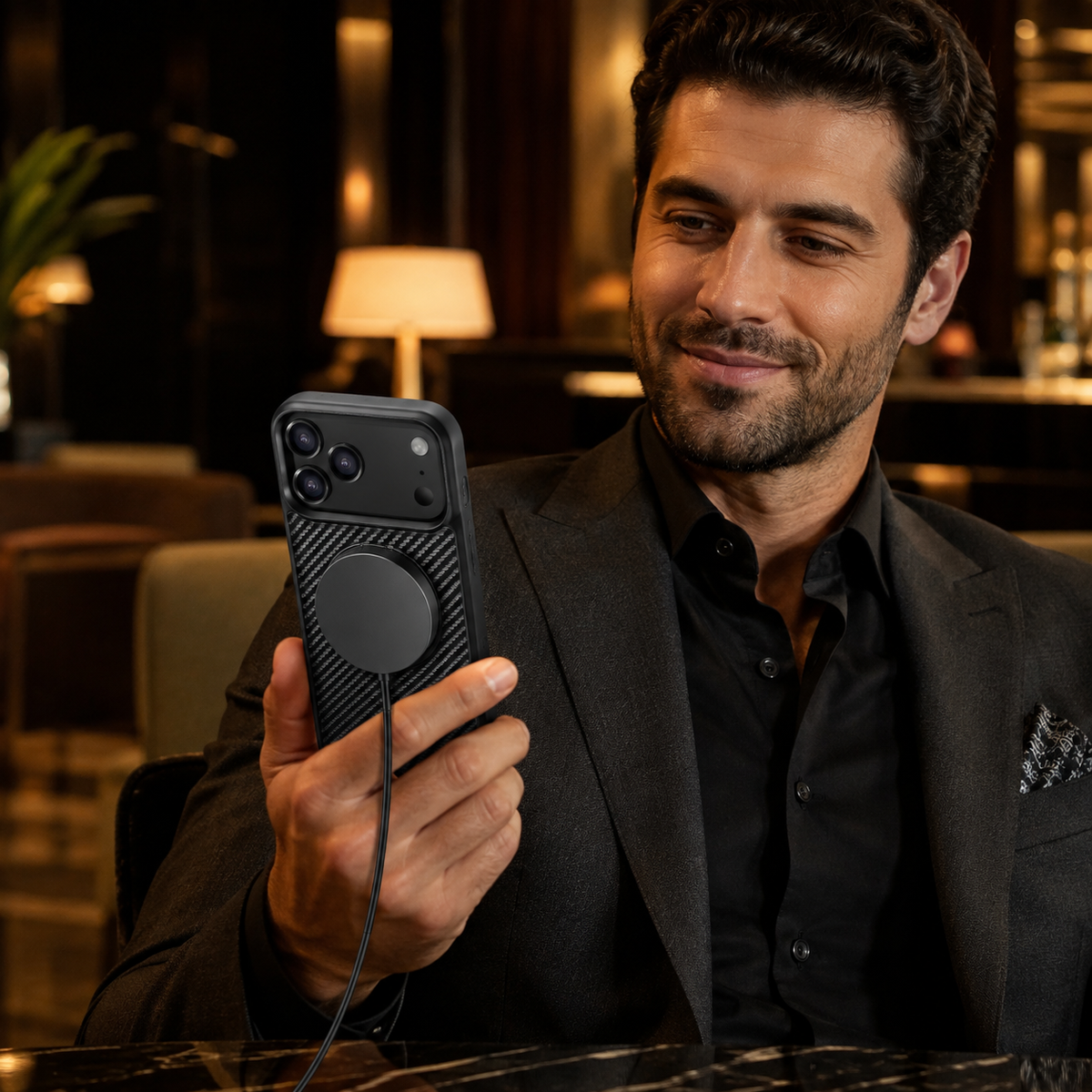 Premium iPhone Case Magnetic Carbon Fiber Faux Leather 360 Rotating Ring Stand Shockproof PC TPU Anti Scratch Non Slip Dual Layer Protective Cover