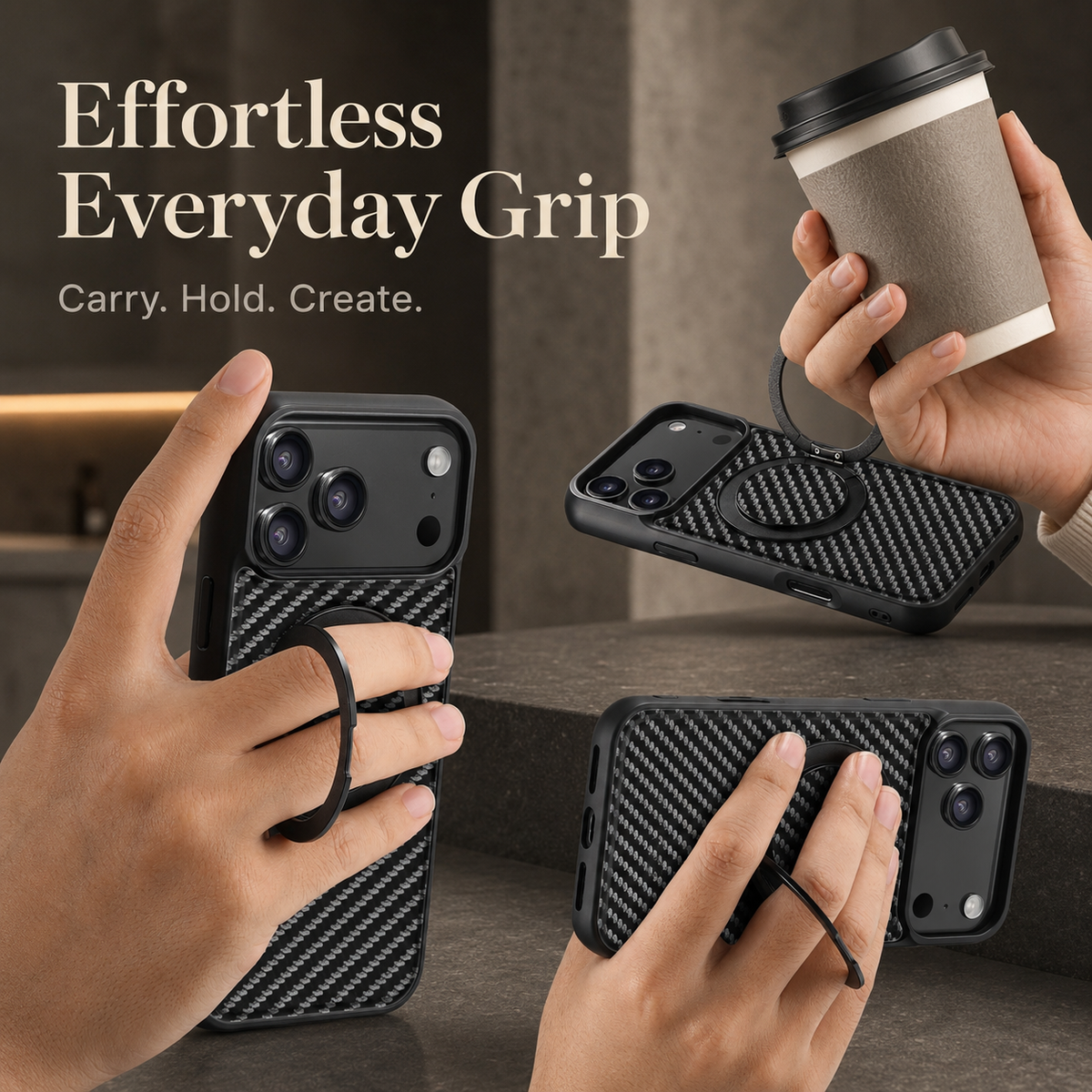 Premium iPhone Case Magnetic Carbon Fiber Faux Leather 360 Rotating Ring Stand Shockproof PC TPU Anti Scratch Non Slip Dual Layer Protective Cover