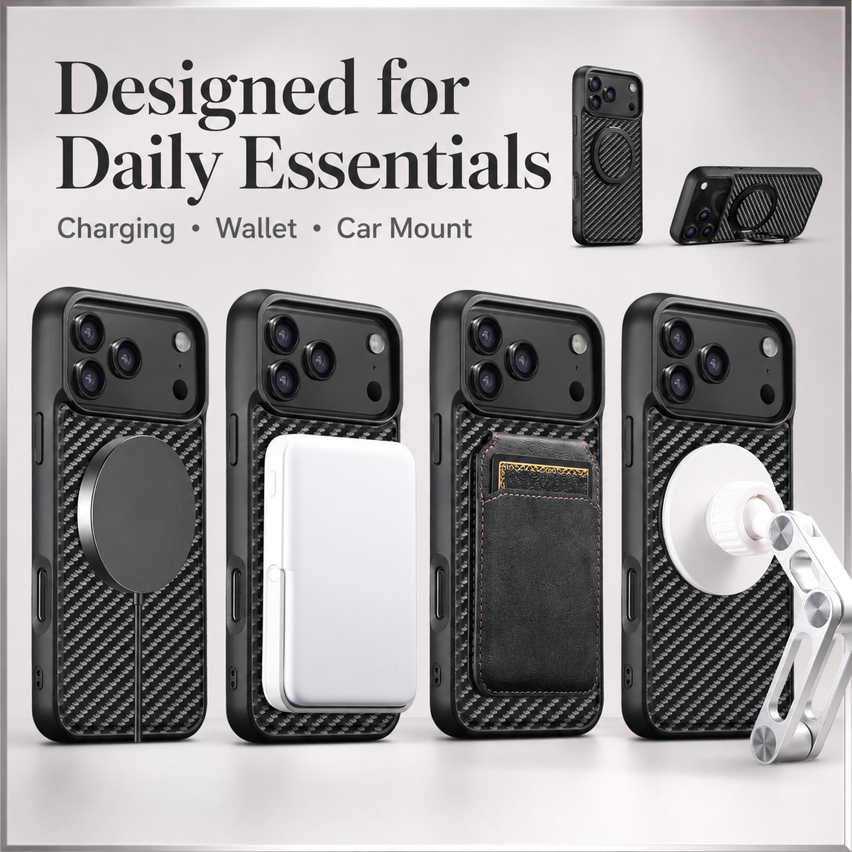 Premium iPhone Case Magnetic Carbon Fiber Faux Leather 360 Rotating Ring Stand Shockproof PC TPU Anti Scratch Non Slip Dual Layer Protective Cover