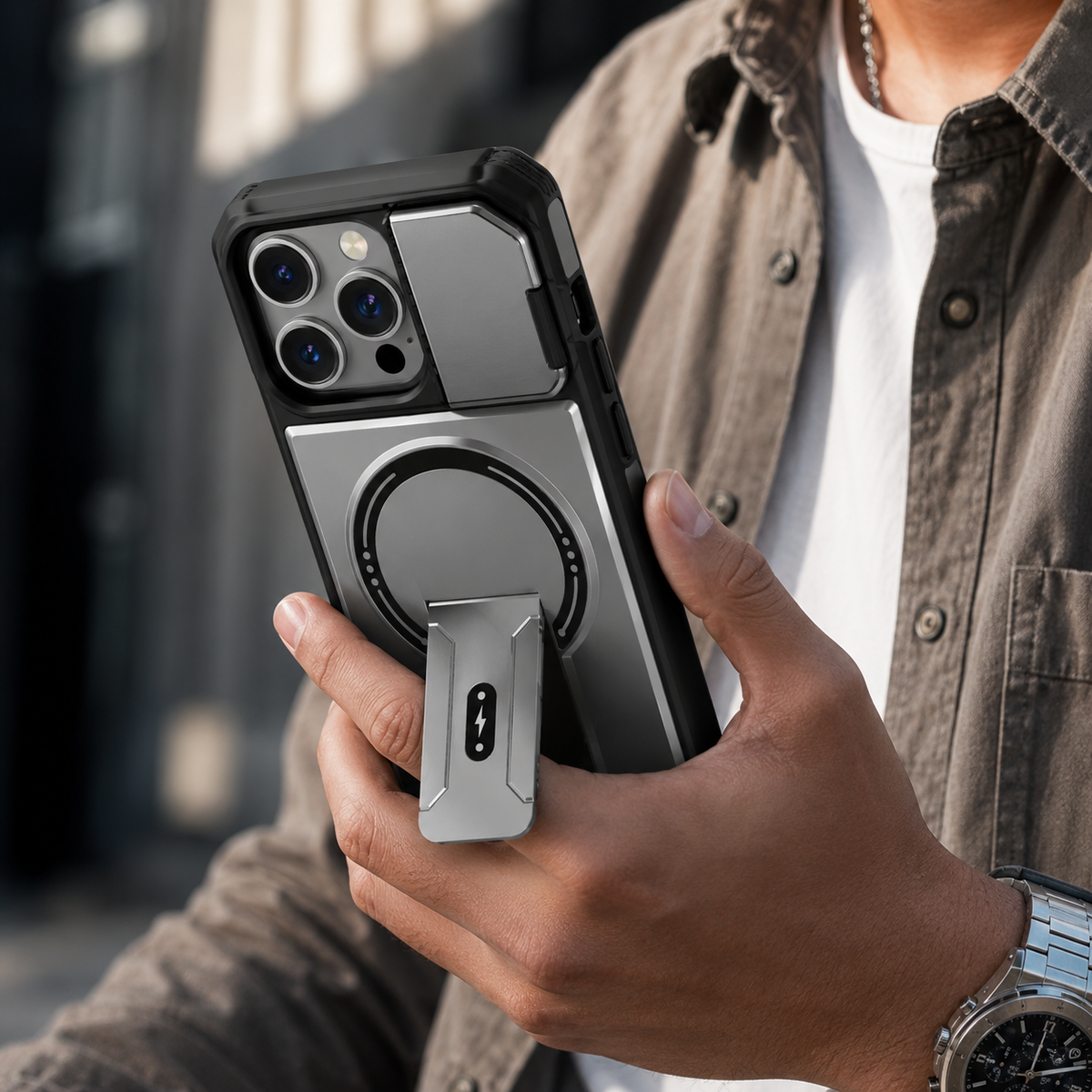 Premium iPhone Case Magnetic Carbon Fiber Leather Kickstand Camera Lens Protection Shockproof Slim Stand Holder Protective Cover