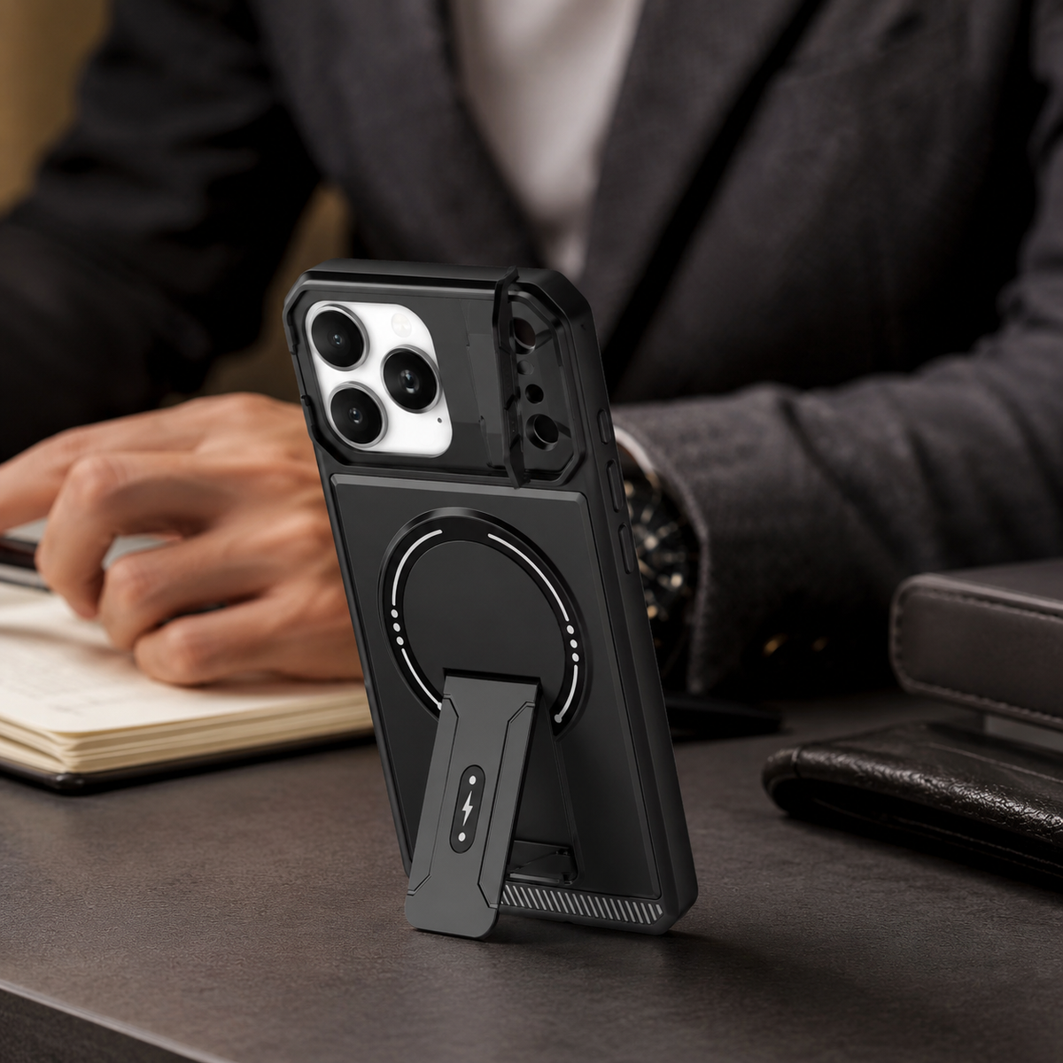 Premium iPhone Case Magnetic Carbon Fiber Leather Kickstand Camera Lens Protection Shockproof Slim Stand Holder Protective Cover