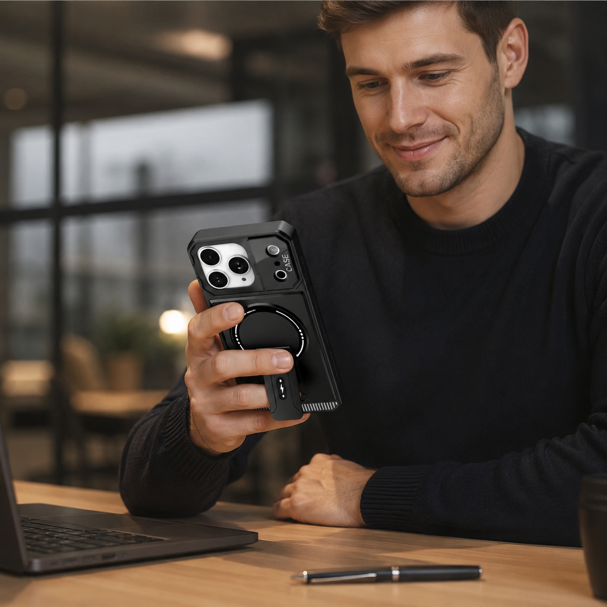 Premium iPhone Case Magnetic Carbon Fiber Leather Kickstand Camera Lens Protection Shockproof Slim Stand Holder Protective Cover