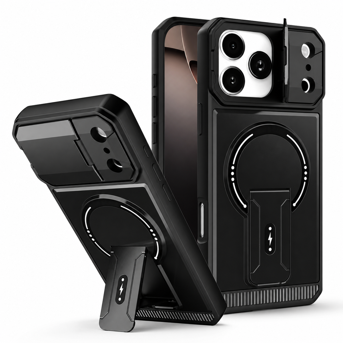 Premium iPhone Case Magnetic Carbon Fiber Leather Kickstand Camera Lens Protection Shockproof Slim Stand Holder Protective Cover