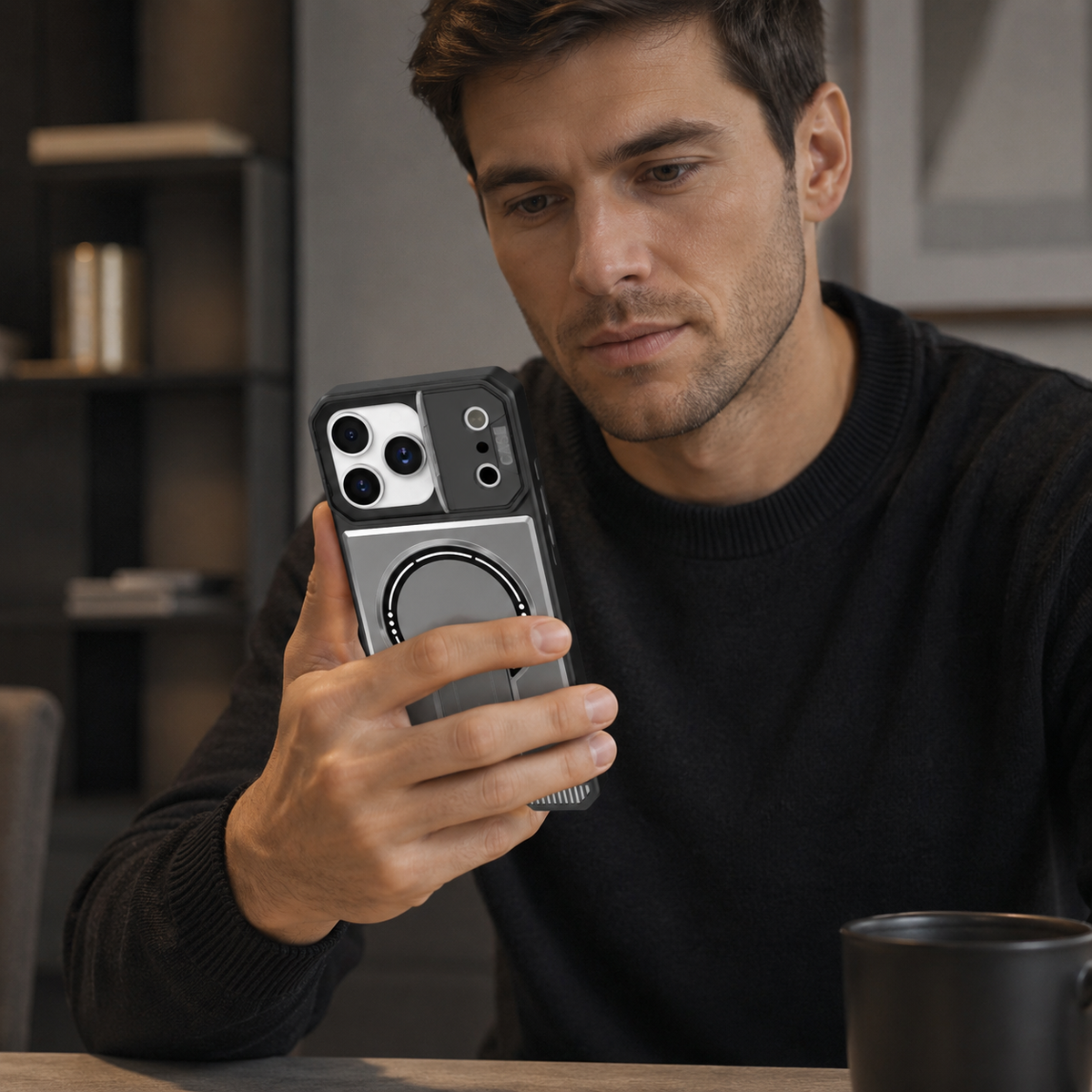 Premium iPhone Case Magnetic Carbon Fiber Leather Kickstand Camera Lens Protector Stand Holder Shockproof Slim Protective Cover