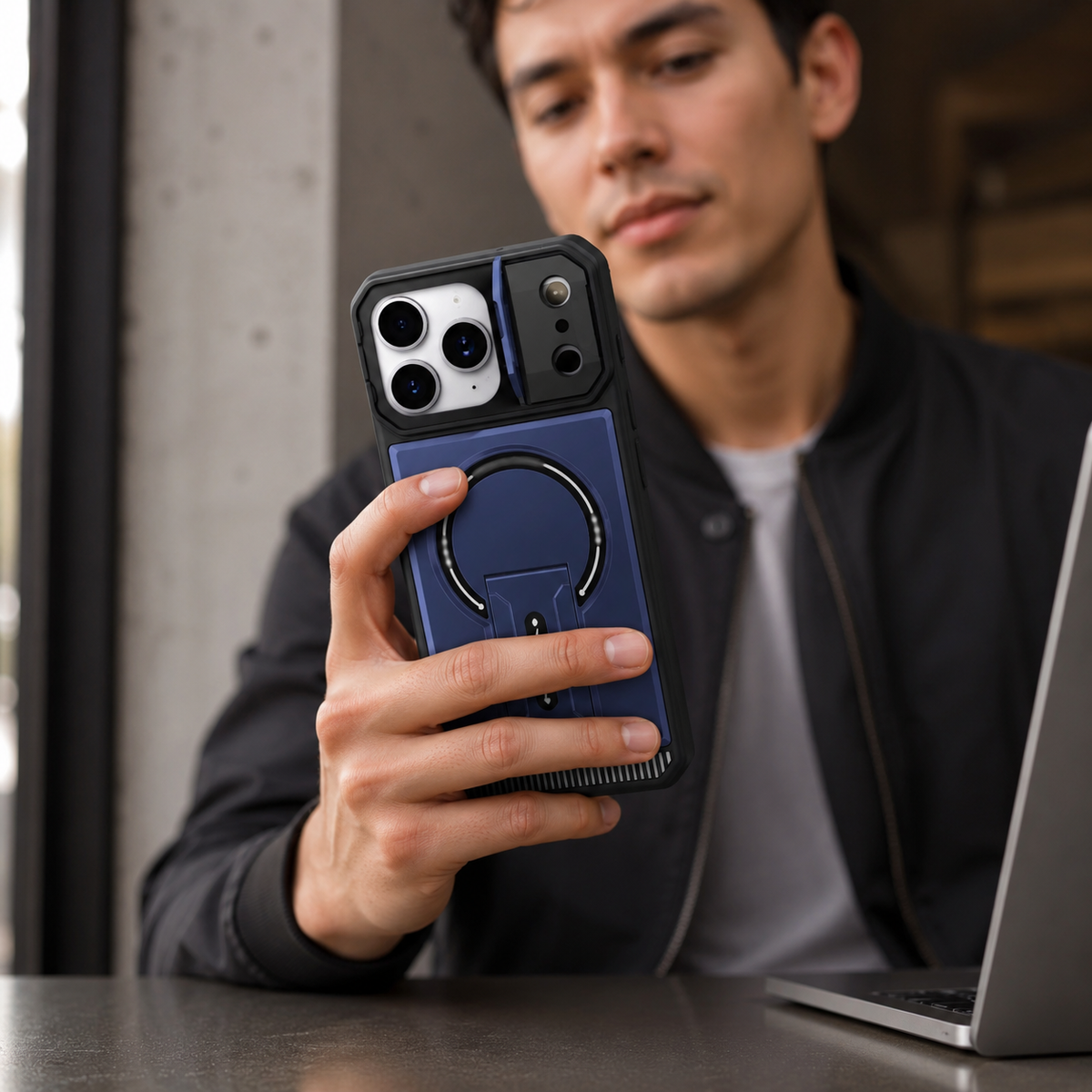 Premium iPhone Case Magnetic Carbon Fiber Leather Kickstand Camera Lens Protector Stand Holder Shockproof Slim Protective Cover