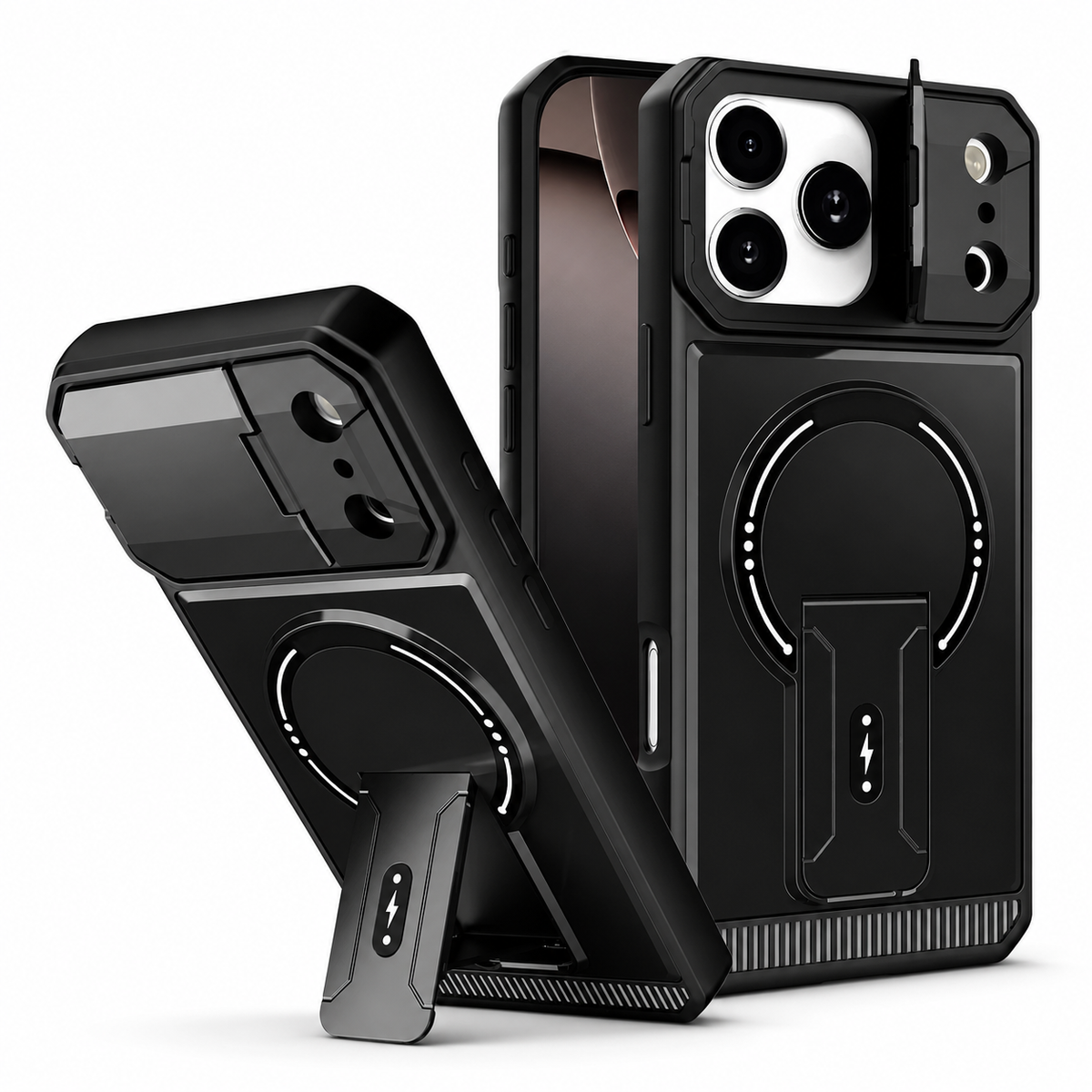 Premium iPhone Case Magnetic Carbon Fiber Leather Kickstand Camera Lens Protector Stand Holder Shockproof Slim Protective Cover