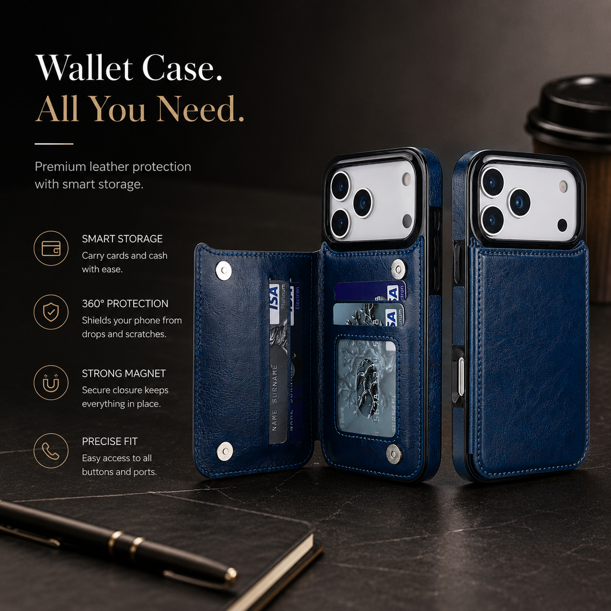 Premium iPhone Case Magnetic Flip Wallet Cover Faux Leather Card Holder Kickstand Shockproof Full Protection Camera Lens Guard Slim Protective Design