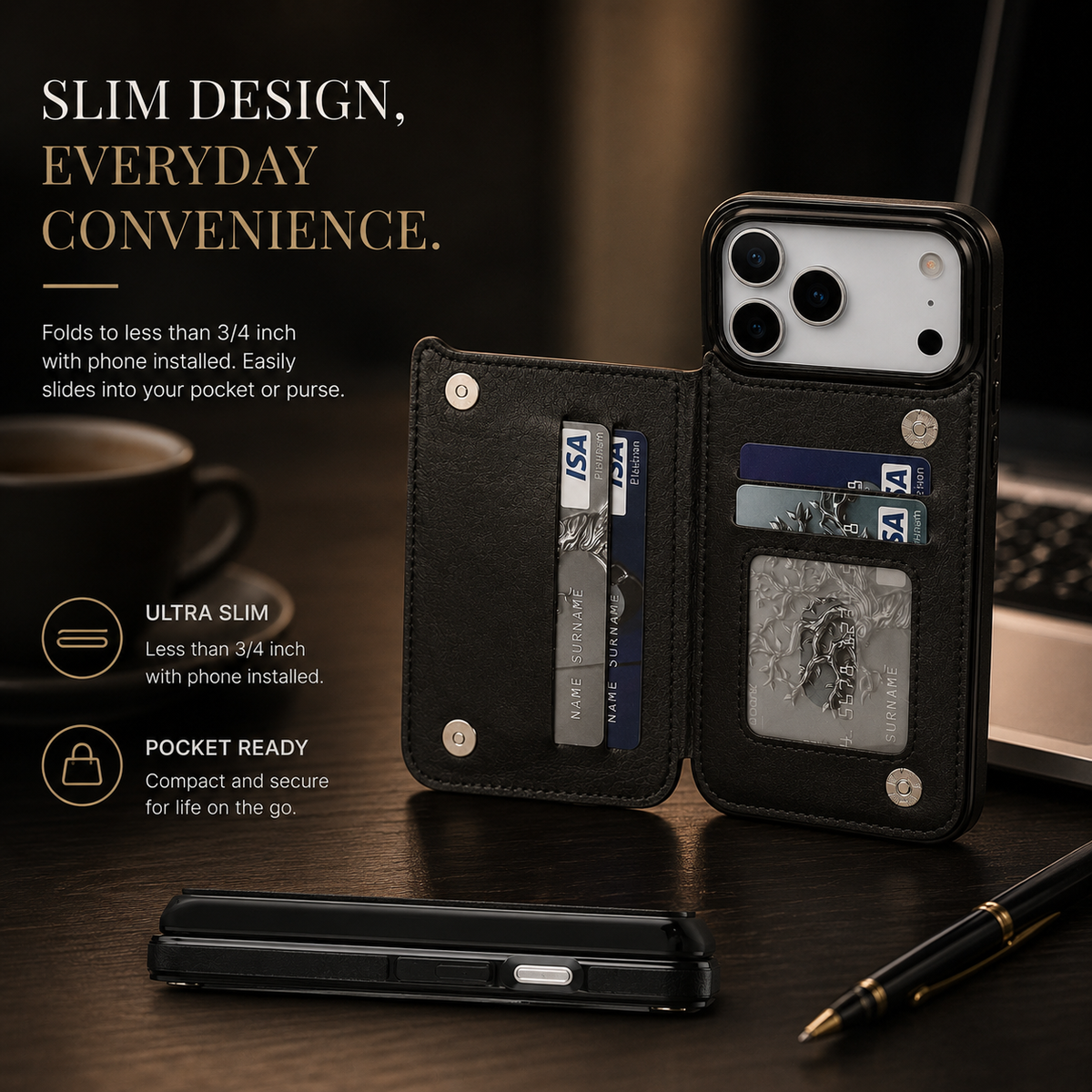 Premium iPhone Case Magnetic Flip Wallet Cover Faux Leather Card Holder Kickstand Shockproof Full Protection Camera Lens Guard Slim Protective Design