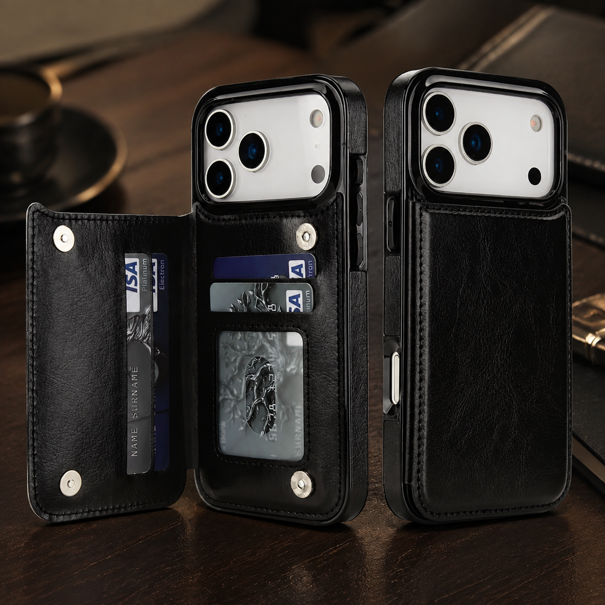 Premium iPhone Case Magnetic Flip Wallet Cover Faux Leather Card Holder Kickstand Shockproof Full Protection Camera Lens Guard Slim Protective Design
