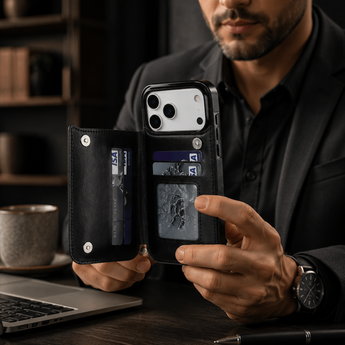 Premium iPhone Case Magnetic Flip Wallet Cover Faux Leather Card Holder Kickstand Shockproof Full Protection Camera Lens Guard Slim Protective Design