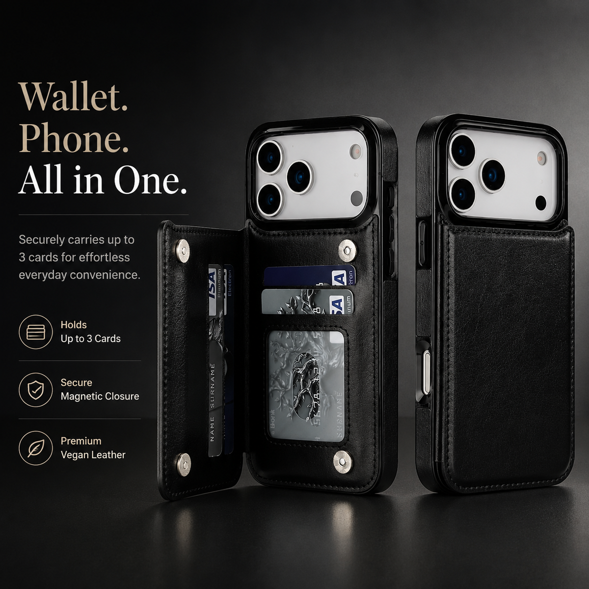Premium iPhone Case Magnetic Flip Wallet Cover Faux Leather Card Holder Kickstand Shockproof Full Protection Camera Lens Guard Slim Protective Design