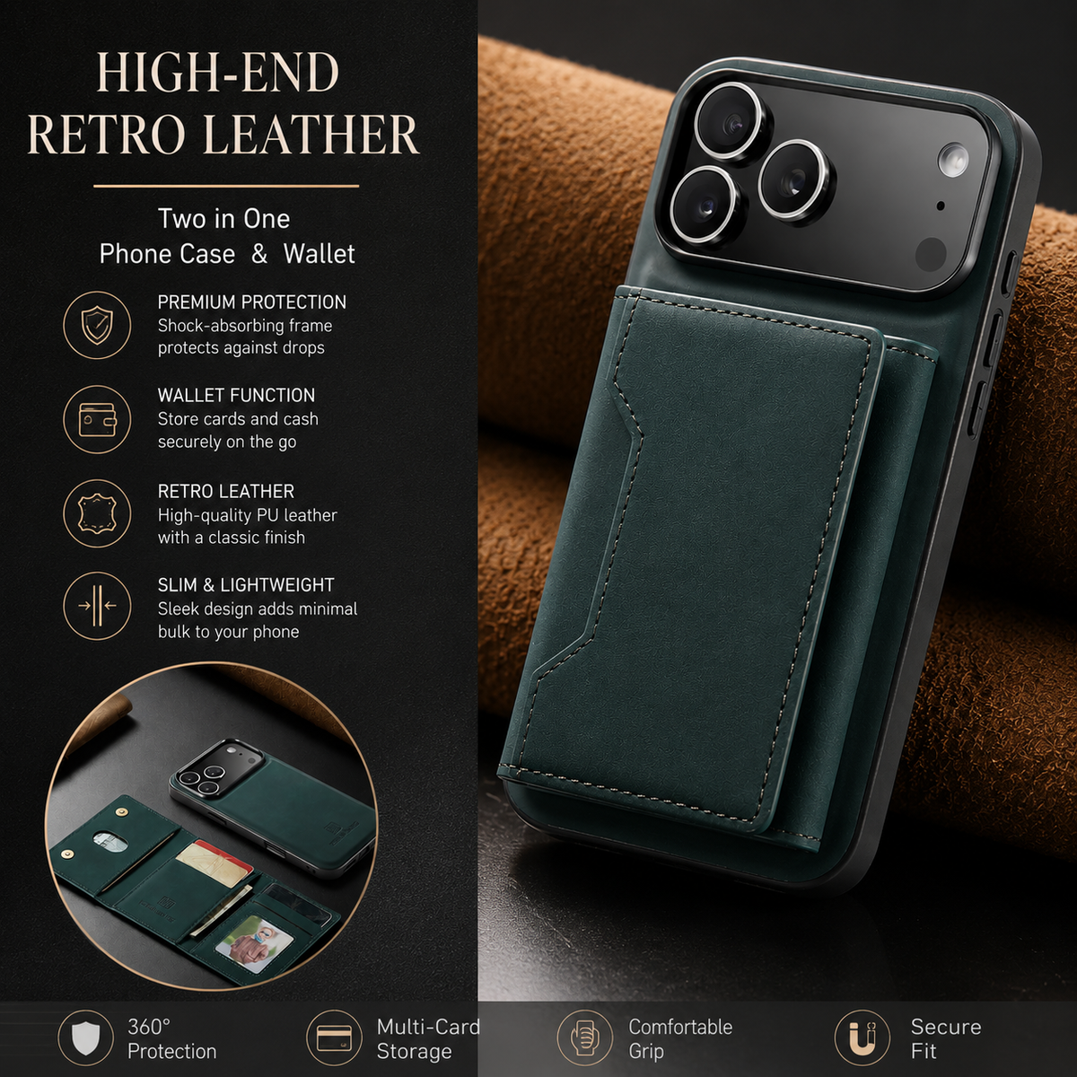 Premium iPhone Case Magnetic Leather Wallet Card Holder Money Pocket Kickstand Shockproof Protective Cover Anti Fingerprint Non Slip Slim Secure Storage