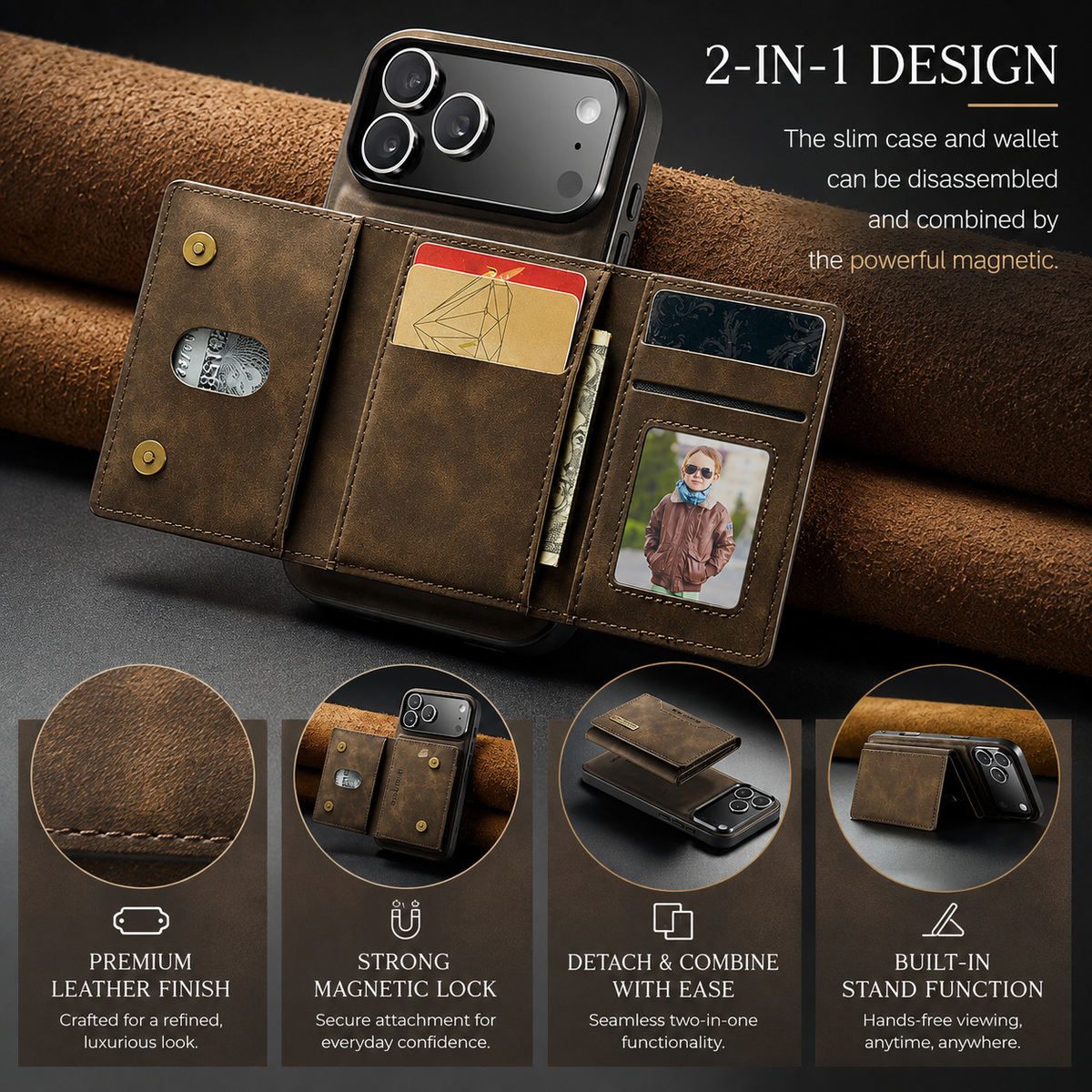 Premium iPhone Case Magnetic Leather Wallet Card Holder Money Pocket Kickstand Shockproof Protective Cover Anti Fingerprint Non Slip Slim Secure Storage