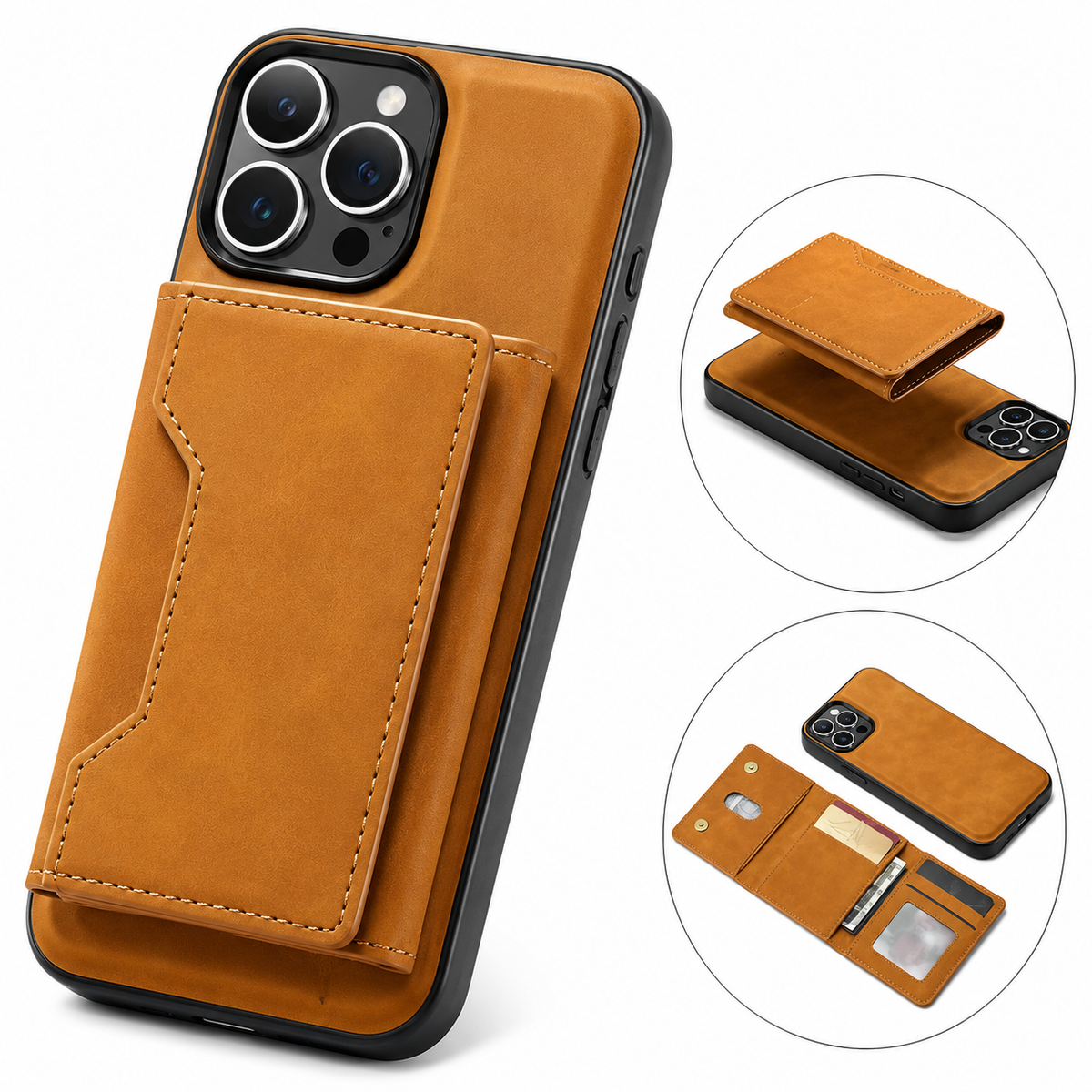 Premium iPhone Case Magnetic Leather Wallet Card Holder Money Pocket Kickstand Shockproof Protective Cover Anti Fingerprint Non Slip Slim Secure Storage