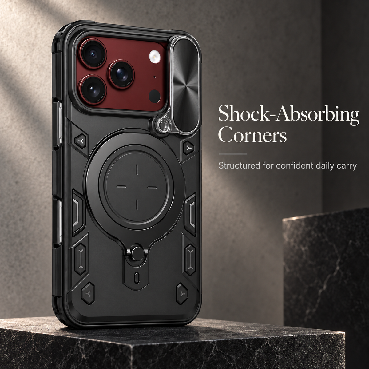 Premium iPhone Case Magnetic Ring Holder Foldable Armor Slide Camera Protector Shockproof PC TPU Heavy Duty Dual Layer Protective Cover Kickstand Case
