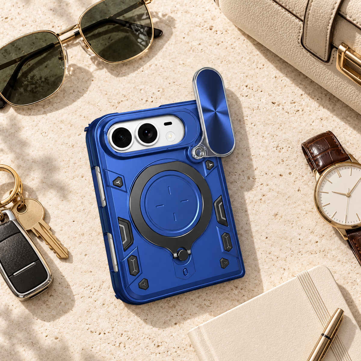 Premium iPhone Case Magnetic Ring Holder Foldable Armor Slide Camera Protector Shockproof PC TPU Heavy Duty Dual Layer Protective Cover Kickstand Case