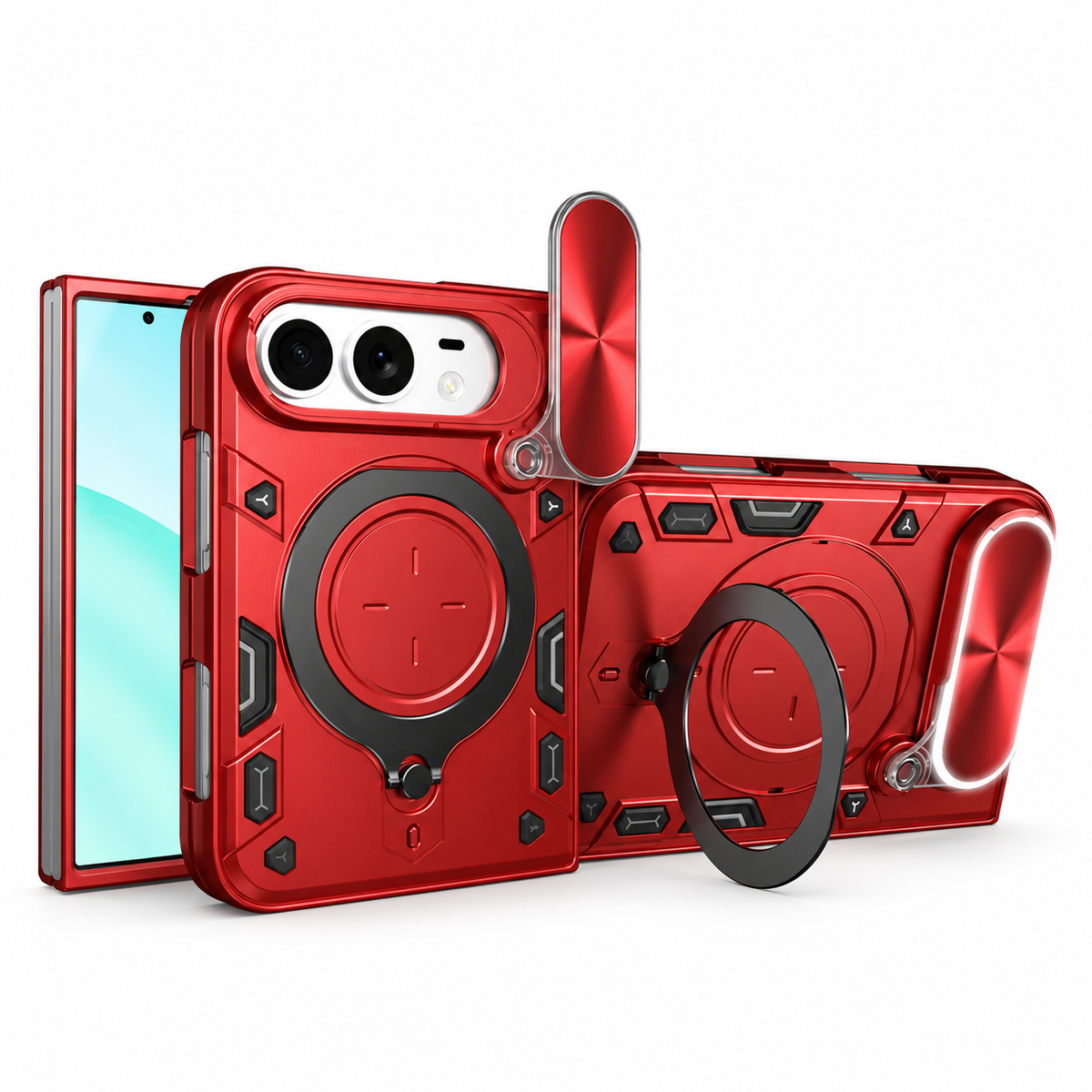 Premium iPhone Case Magnetic Ring Holder Foldable Armor Slide Camera Protector Shockproof PC TPU Heavy Duty Dual Layer Protective Cover Kickstand Case