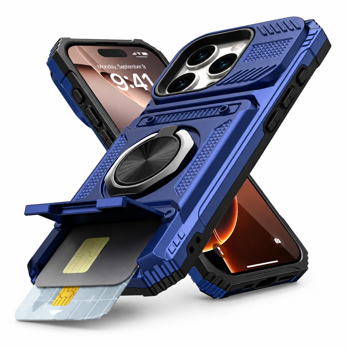 Premium iPhone Case Magnetic Rotating Ring Kickstand Wallet Card Holder Heavy Duty Shockproof PC TPU Dual Layer Anti Drop Protective Armor Cover