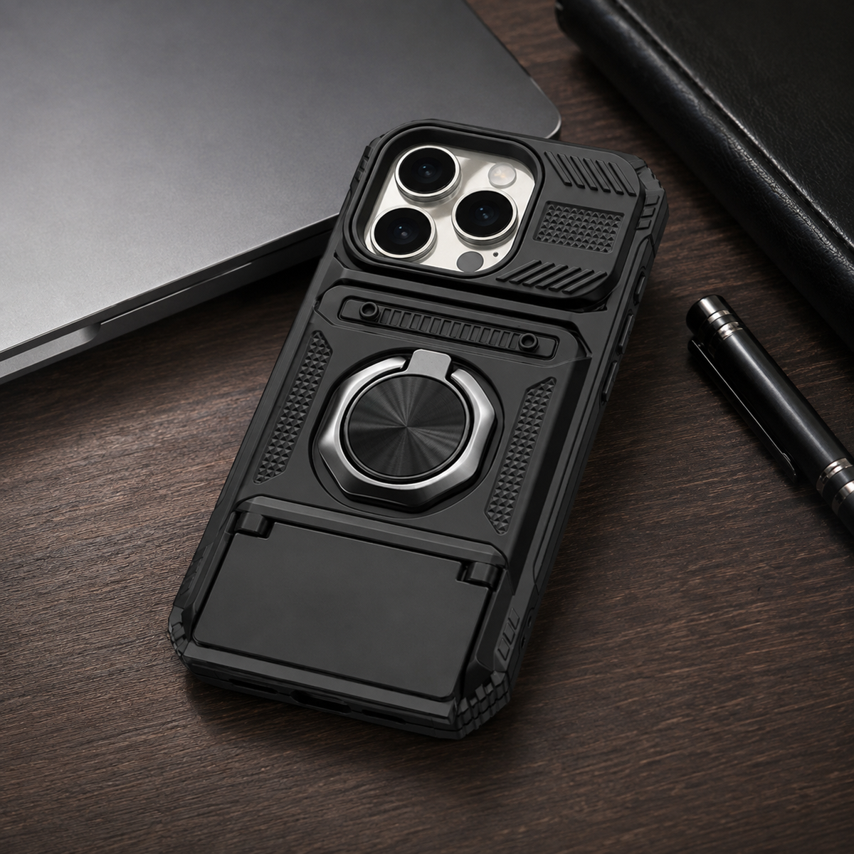Premium iPhone Case Magnetic Rotating Ring Kickstand Wallet Card Holder Heavy Duty Shockproof PC TPU Dual Layer Anti Drop Protective Armor Cover