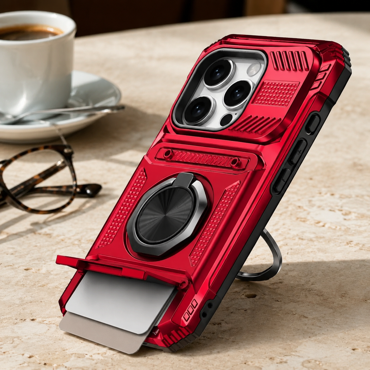Premium iPhone Case Magnetic Rotating Ring Kickstand Wallet Card Holder Heavy Duty Shockproof PC TPU Dual Layer Anti Drop Protective Armor Cover