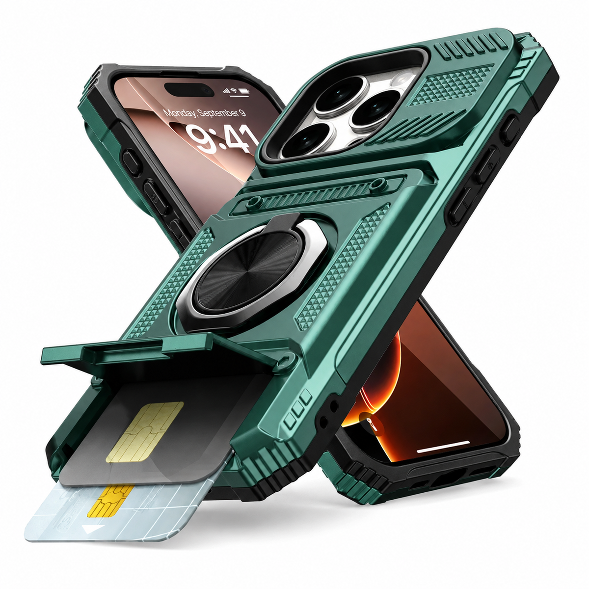 Premium iPhone Case Magnetic Rotating Ring Kickstand Wallet Card Holder Heavy Duty Shockproof PC TPU Dual Layer Anti Drop Protective Armor Cover