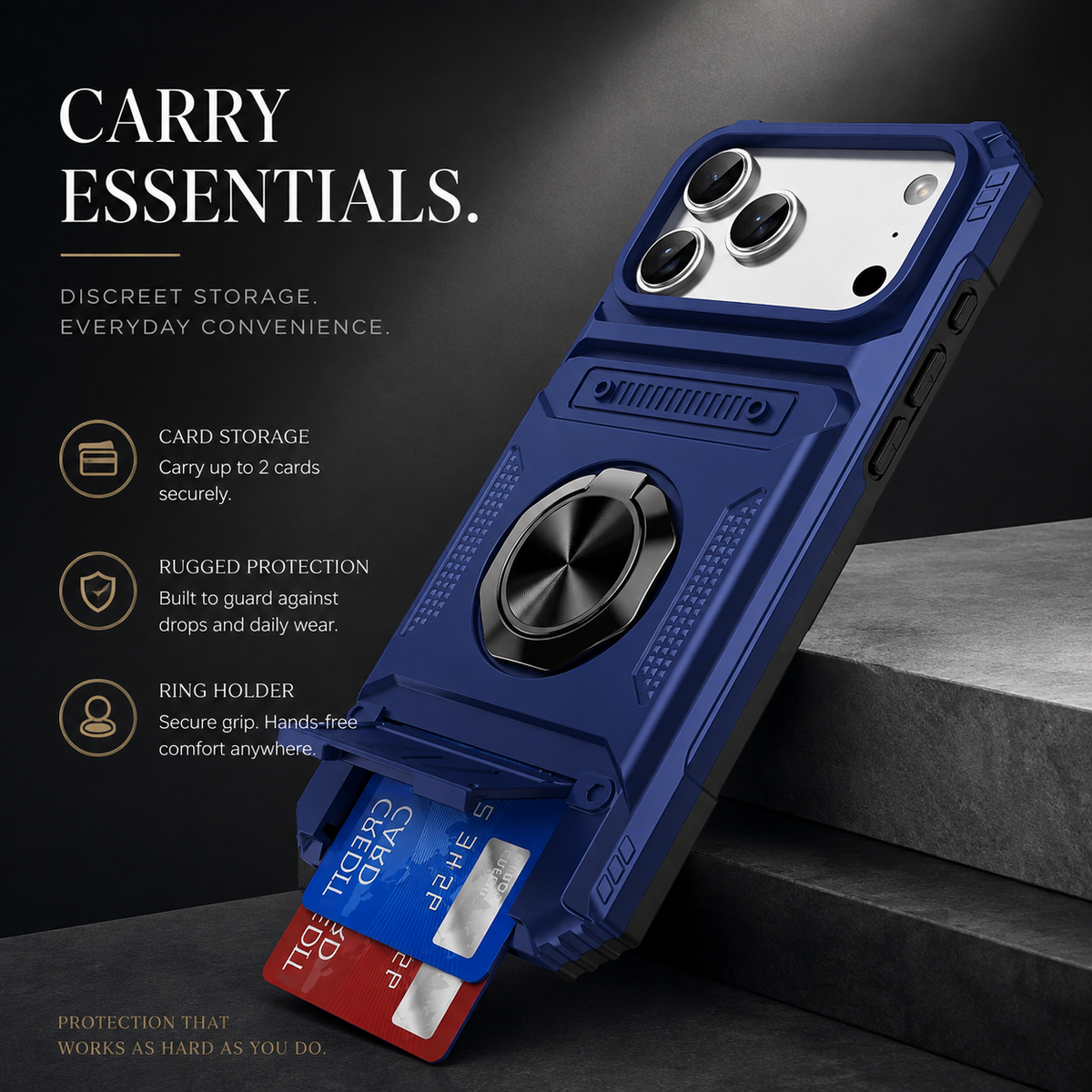 Premium iPhone Case Magnetic Rotating Ring Kickstand Wallet Card Holder Heavy Duty Shockproof PC TPU Dual Layer Anti Drop Protective Armor Cover