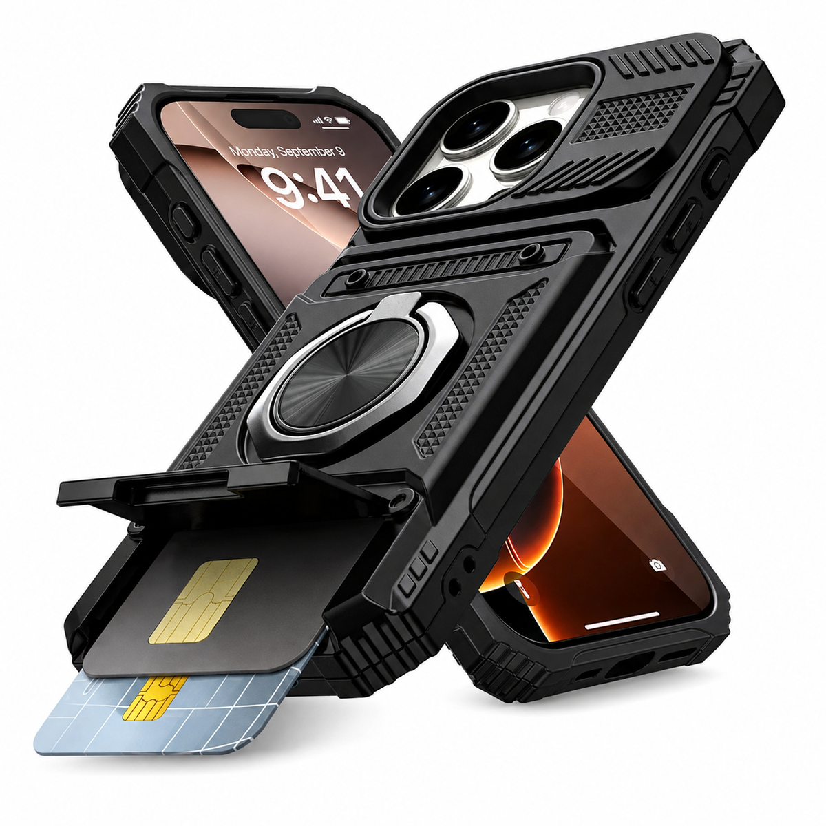 Premium iPhone Case Magnetic Rotating Ring Kickstand Wallet Card Holder Heavy Duty Shockproof PC TPU Dual Layer Anti Drop Protective Armor Cover